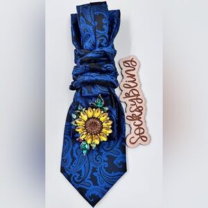 Elegant Blue Paisley Neck tie with Sunflower Brooch
